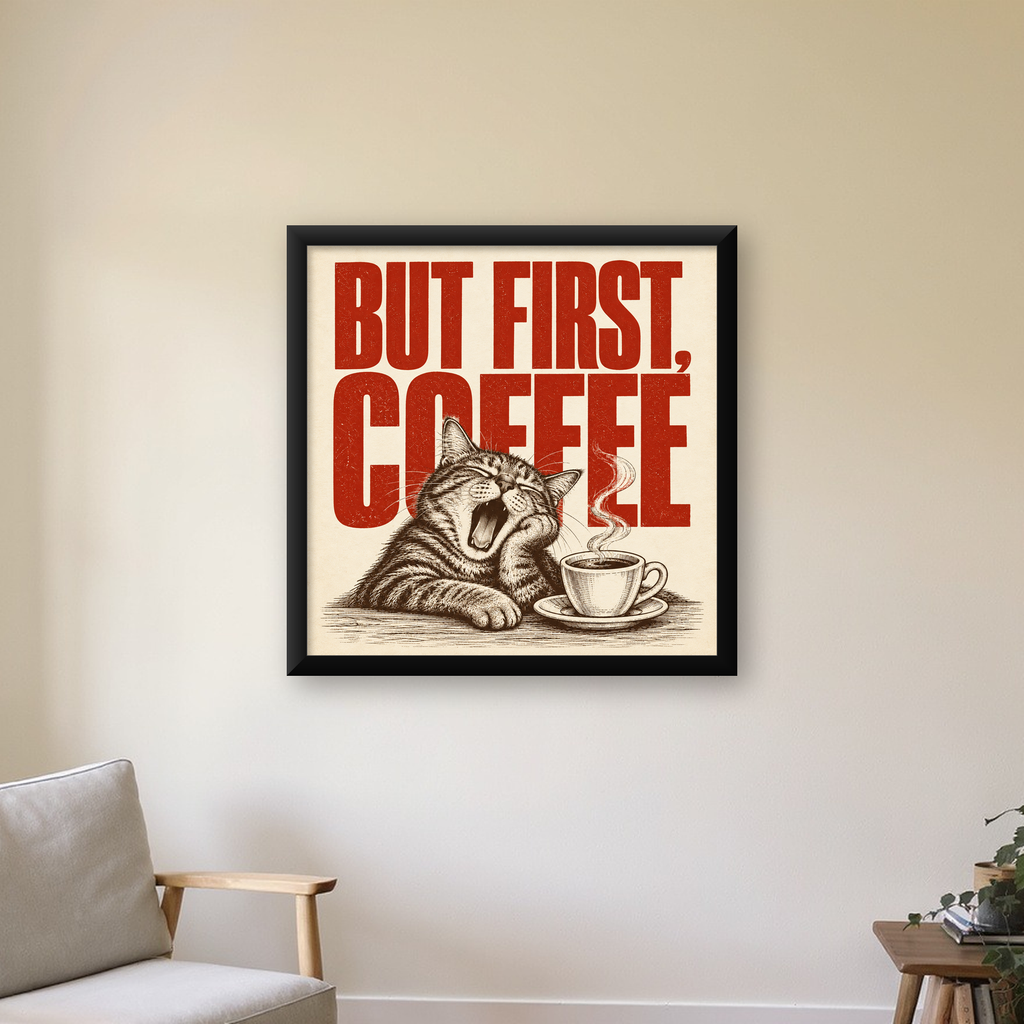 Esneyen Kedi ve Kahve Fincanı Vintage Duvar Posteri — Kare baskı, çerçeveli hâliyle bir ev duvarında