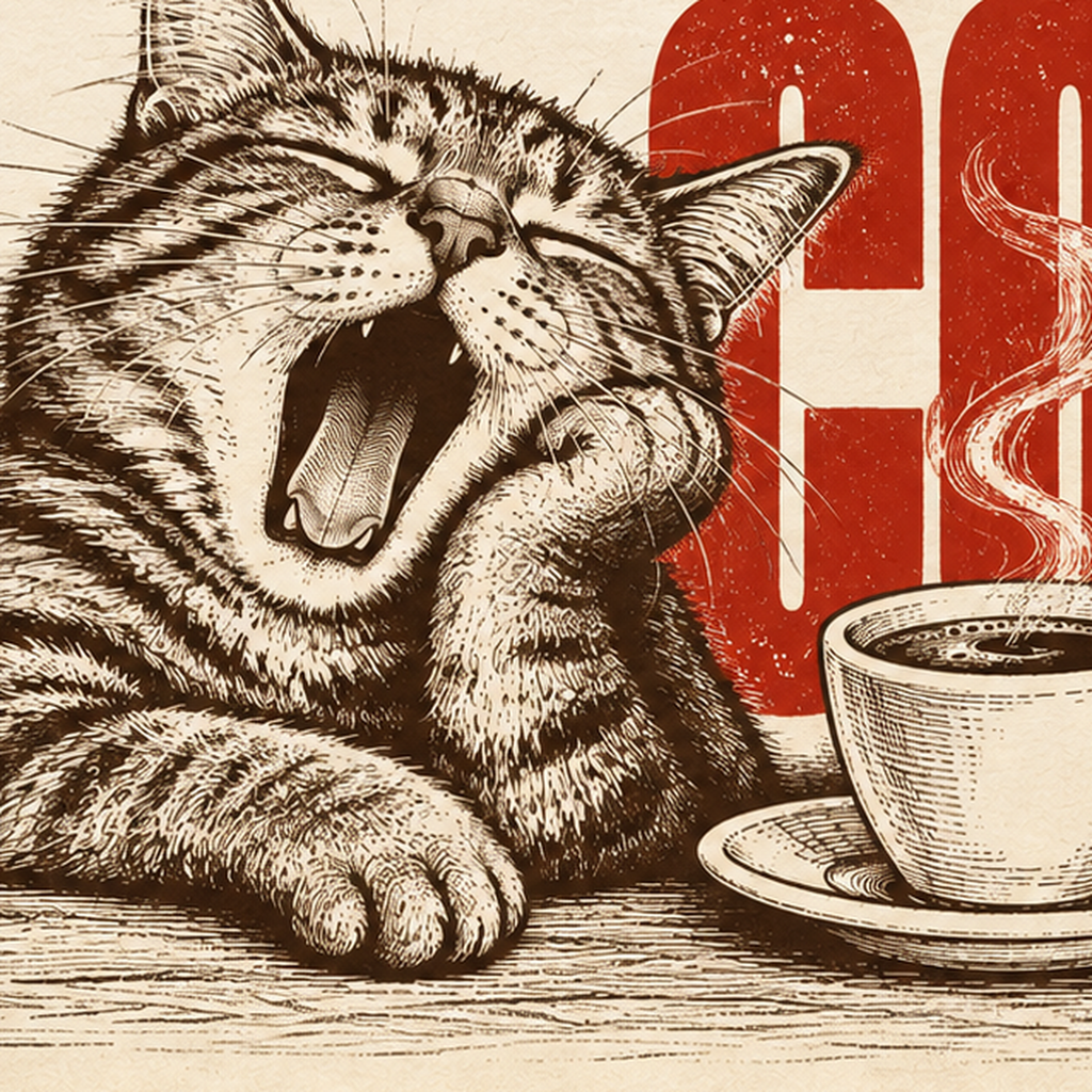 Esneyen Kedi ve Kahve Fincanı Vintage Duvar Posteri — baskının yakın çekimi, kâğıt dokusu ve renk detayı