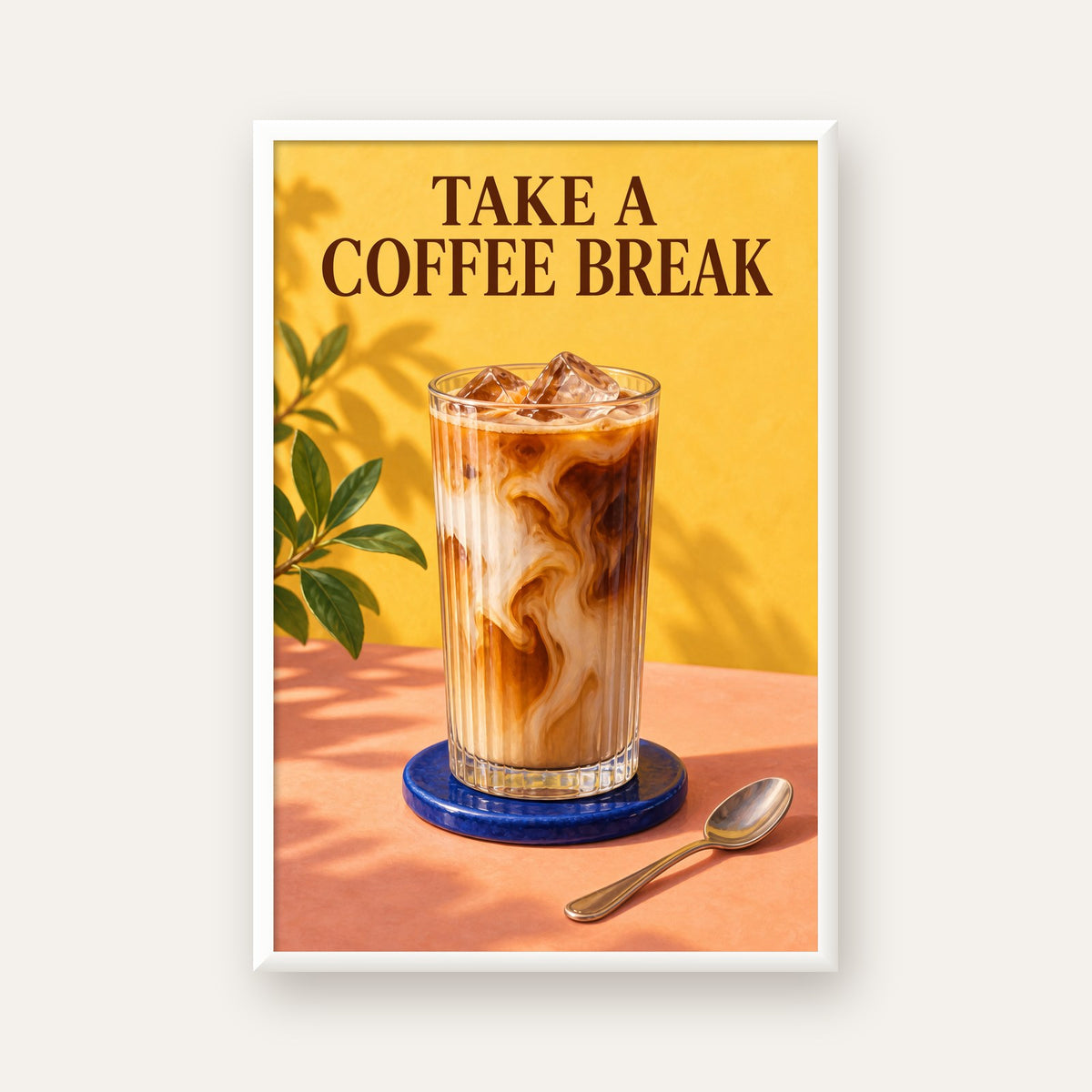Take a Coffee Break Buzlu Kahve Poster Duvar Dekoru — beyaz çerçeveli dikey poster