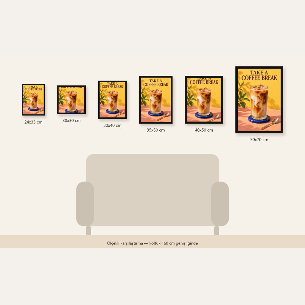 Take a Coffee Break Buzlu Kahve Poster Duvar Dekoru — 24×33 cm'den 50×70 cm'e, altı ölçünün karşılaştırması