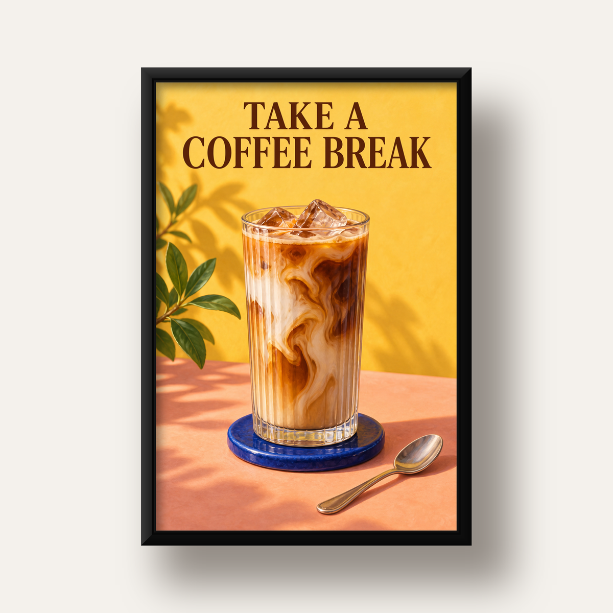 Take a Coffee Break Buzlu Kahve Poster Duvar Dekoru — siyah derin çerçeveli