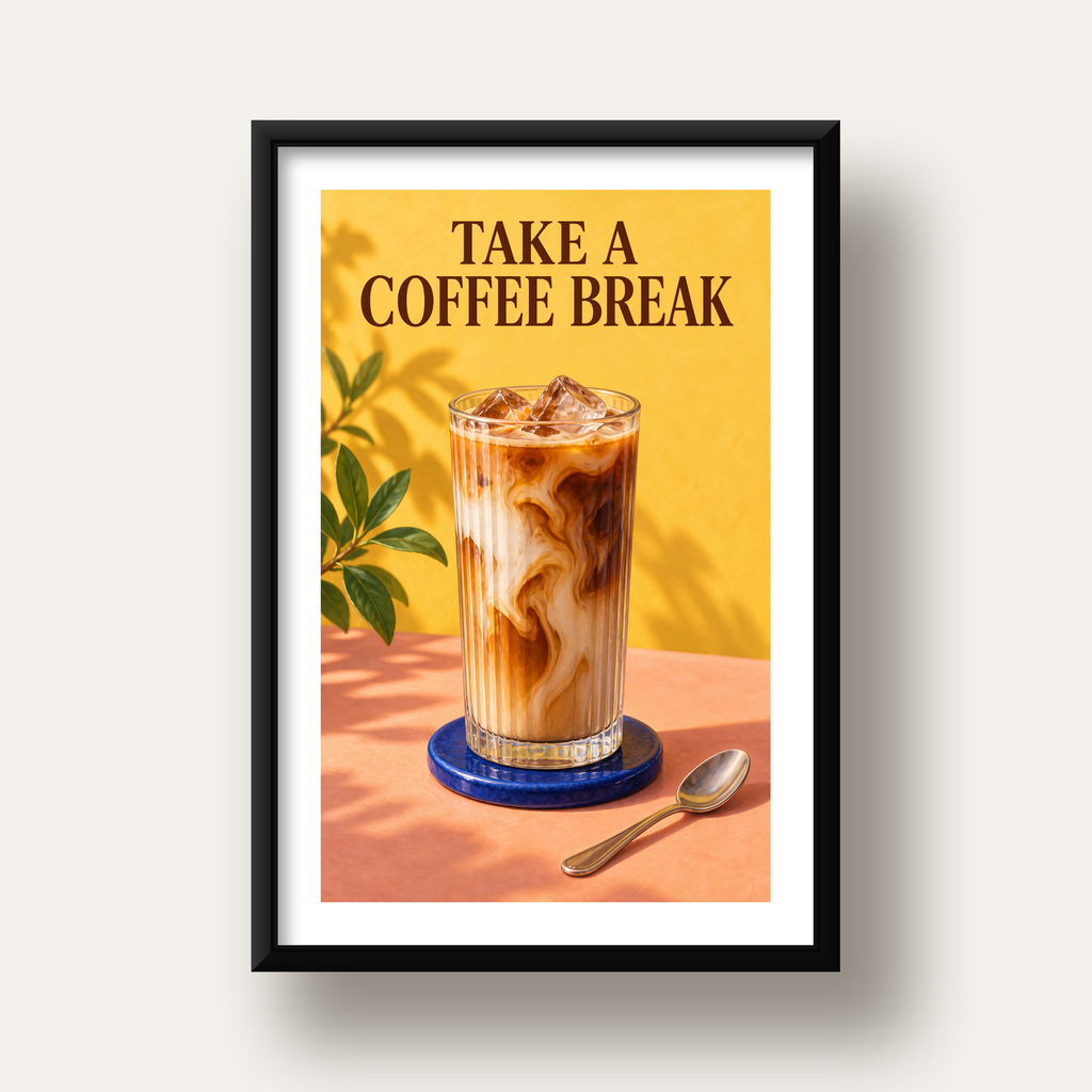 Take a Coffee Break Buzlu Kahve Poster Duvar Dekoru — siyah derin çerçeveli paspartulu