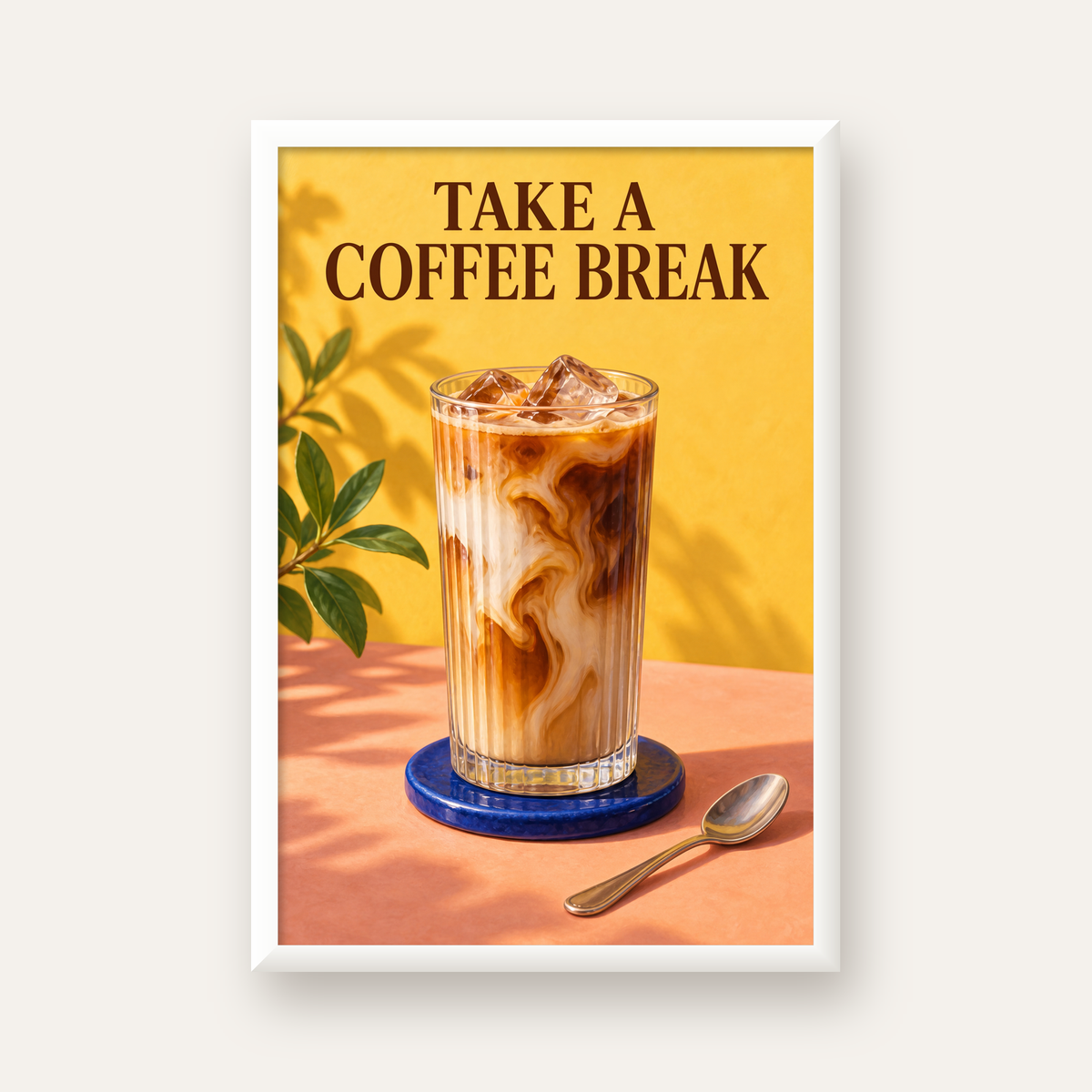 Take a Coffee Break Buzlu Kahve Poster Duvar Dekoru — beyaz çerçeveli dikey poster