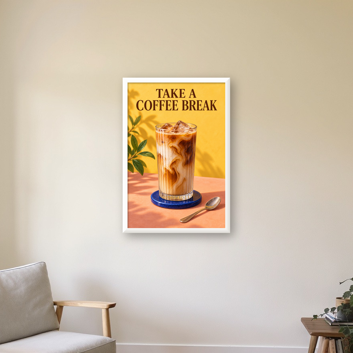 Take a Coffee Break Buzlu Kahve Poster Duvar Dekoru — beyaz çerçeveli dikey poster