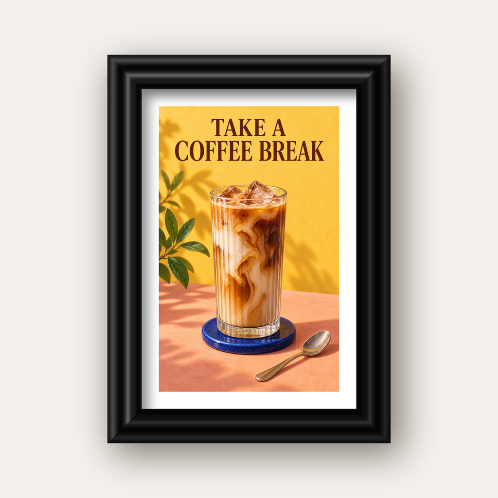 Take a Coffee Break Buzlu Kahve Poster Duvar Dekoru — siyah galeri çerçeveli paspartulu