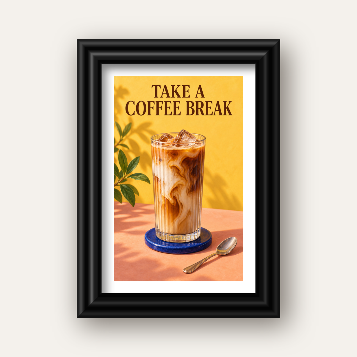 Take a Coffee Break Buzlu Kahve Poster Duvar Dekoru — siyah galeri çerçeveli paspartulu