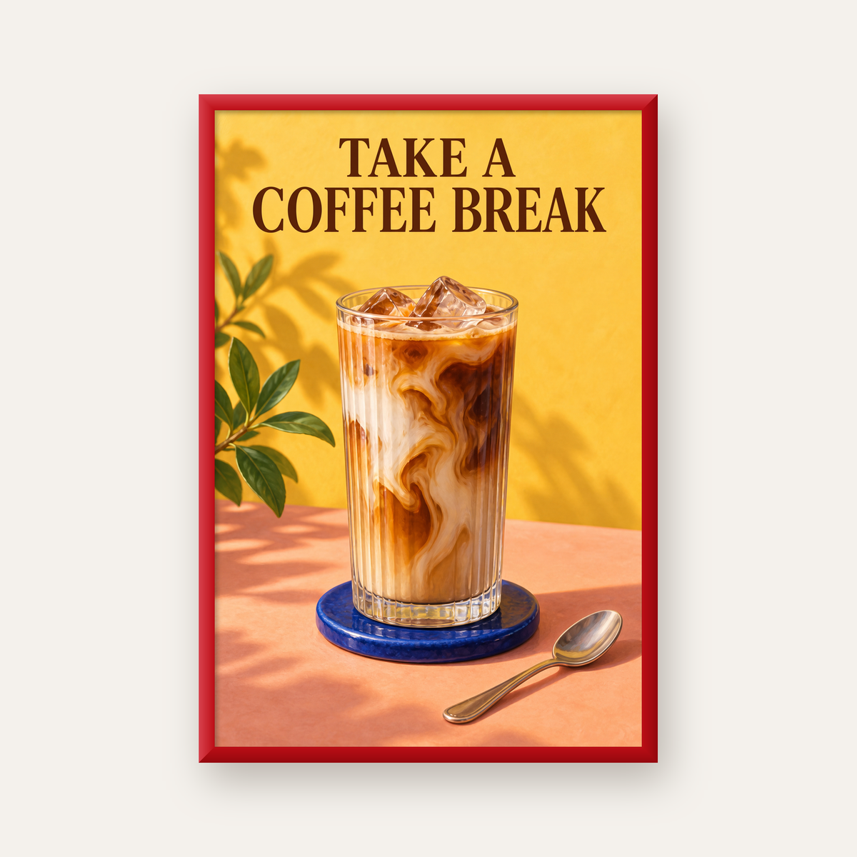 Take a Coffee Break Buzlu Kahve Poster Duvar Dekoru — kırmızı çerçeveli