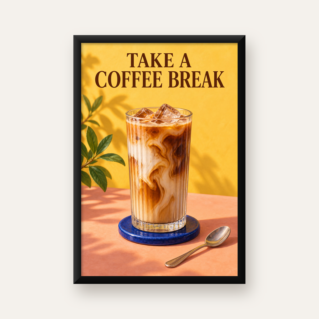 Take a Coffee Break Buzlu Kahve Poster Duvar Dekoru — düz siyah çerçeveli duvar posteri