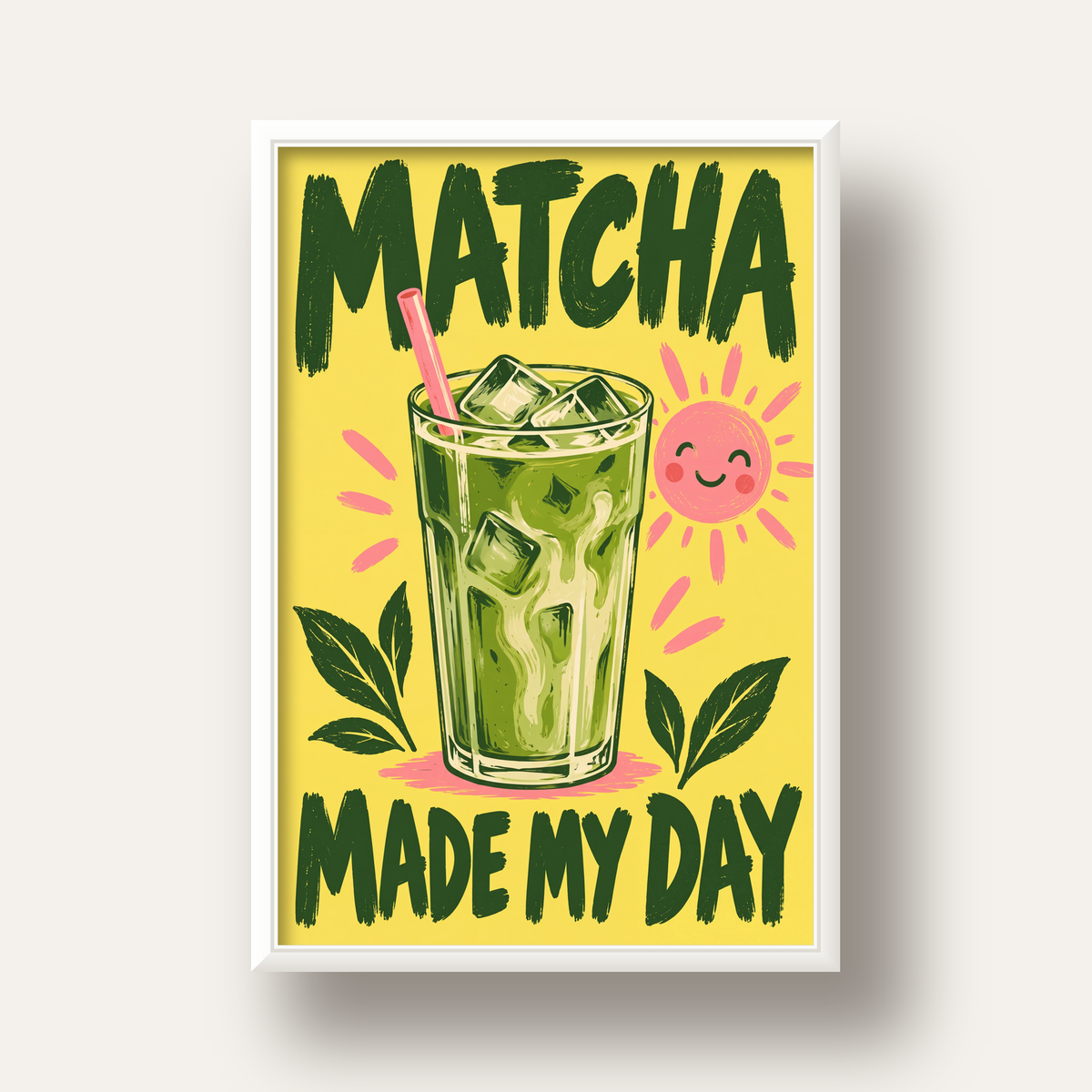Buzlu Matcha İçeceği Poster – Enerjik ve Renkli Duvar Dekoru — beyaz derin çerçeveli