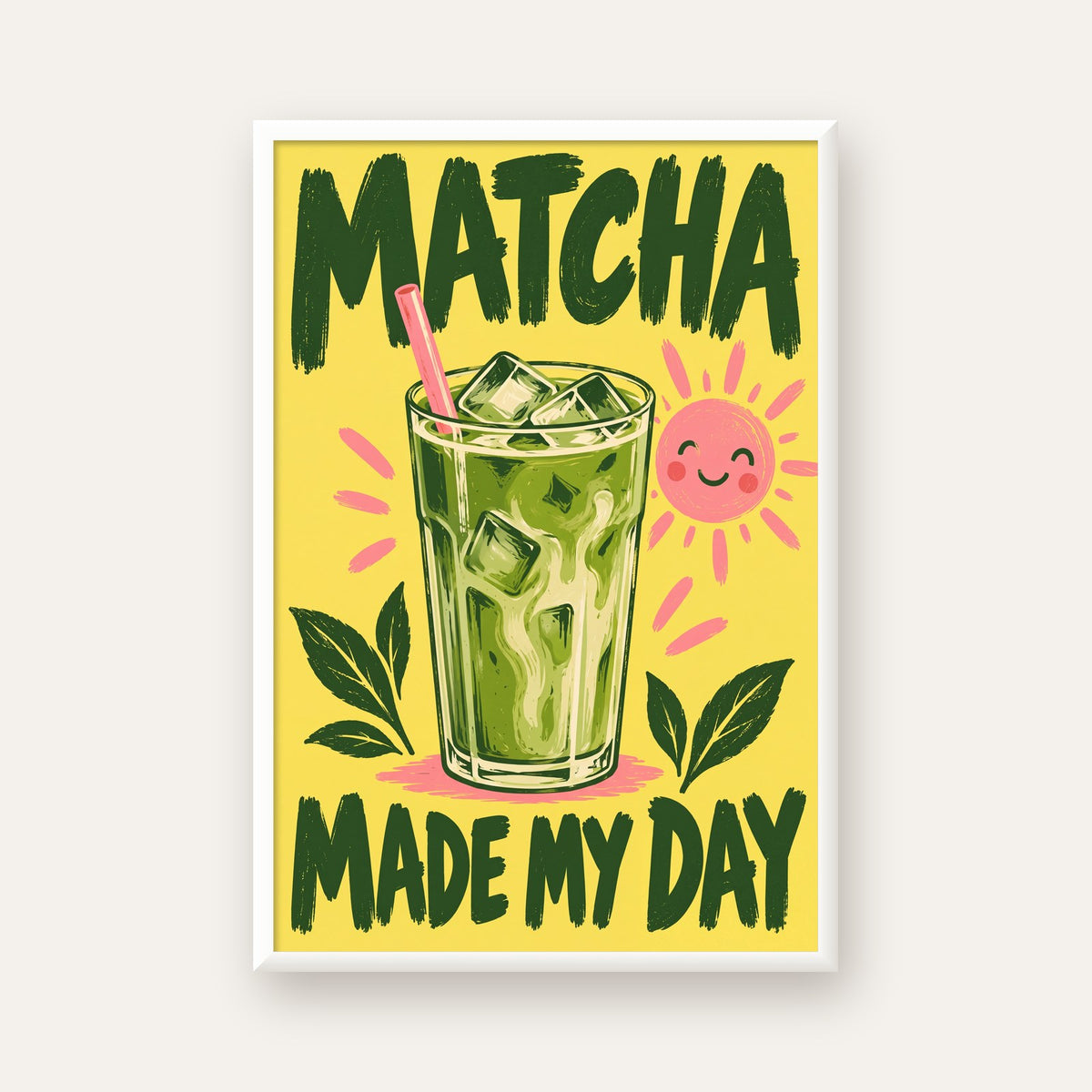 Buzlu Matcha İçeceği Poster – Enerjik ve Renkli Duvar Dekoru — beyaz çerçeveli dikey poster