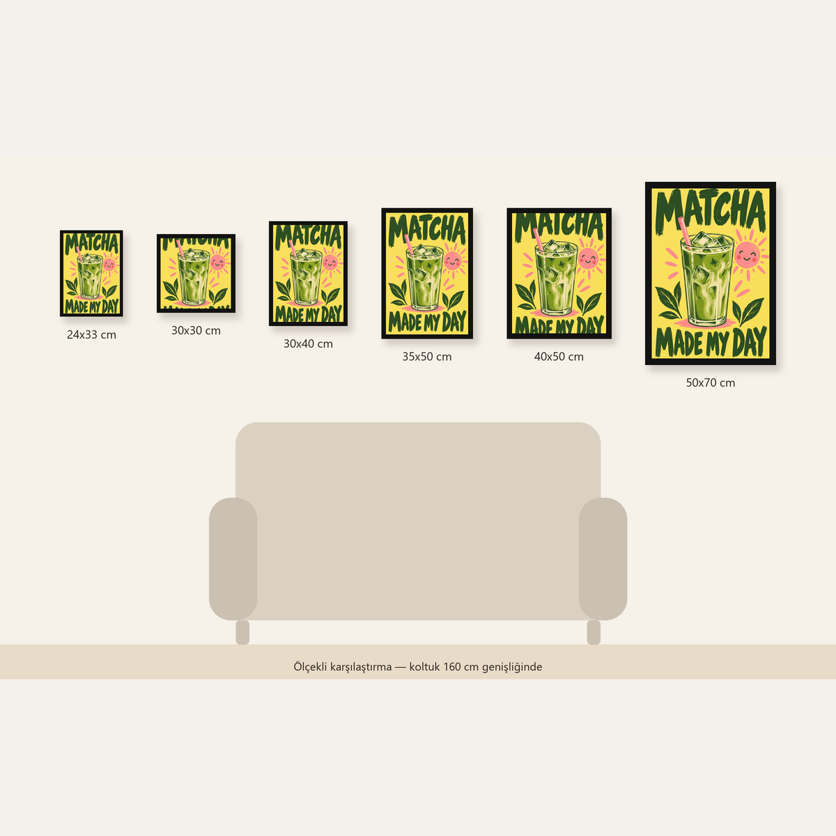 Buzlu Matcha İçeceği Poster – Enerjik ve Renkli Duvar Dekoru — 24×33 cm'den 50×70 cm'e, altı ölçünün karşılaştırması