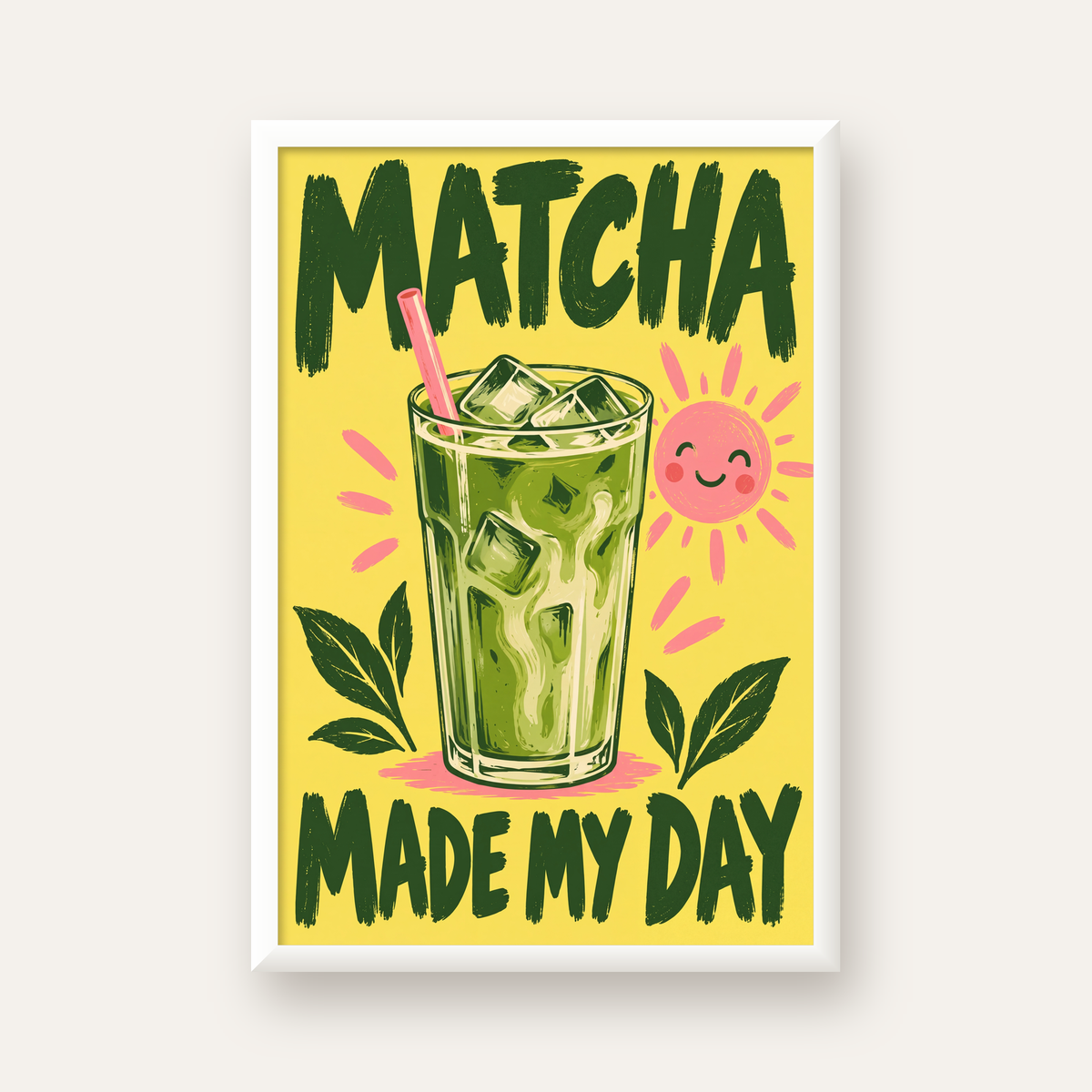 Buzlu Matcha İçeceği Poster – Enerjik ve Renkli Duvar Dekoru — beyaz çerçeveli dikey poster