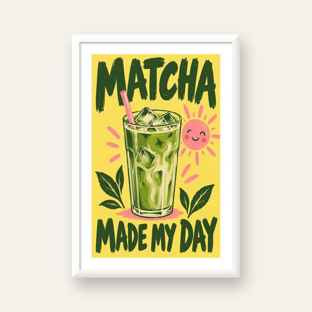 Buzlu Matcha İçeceği Poster – Enerjik ve Renkli Duvar Dekoru — beyaz çerçeveli dikey poster