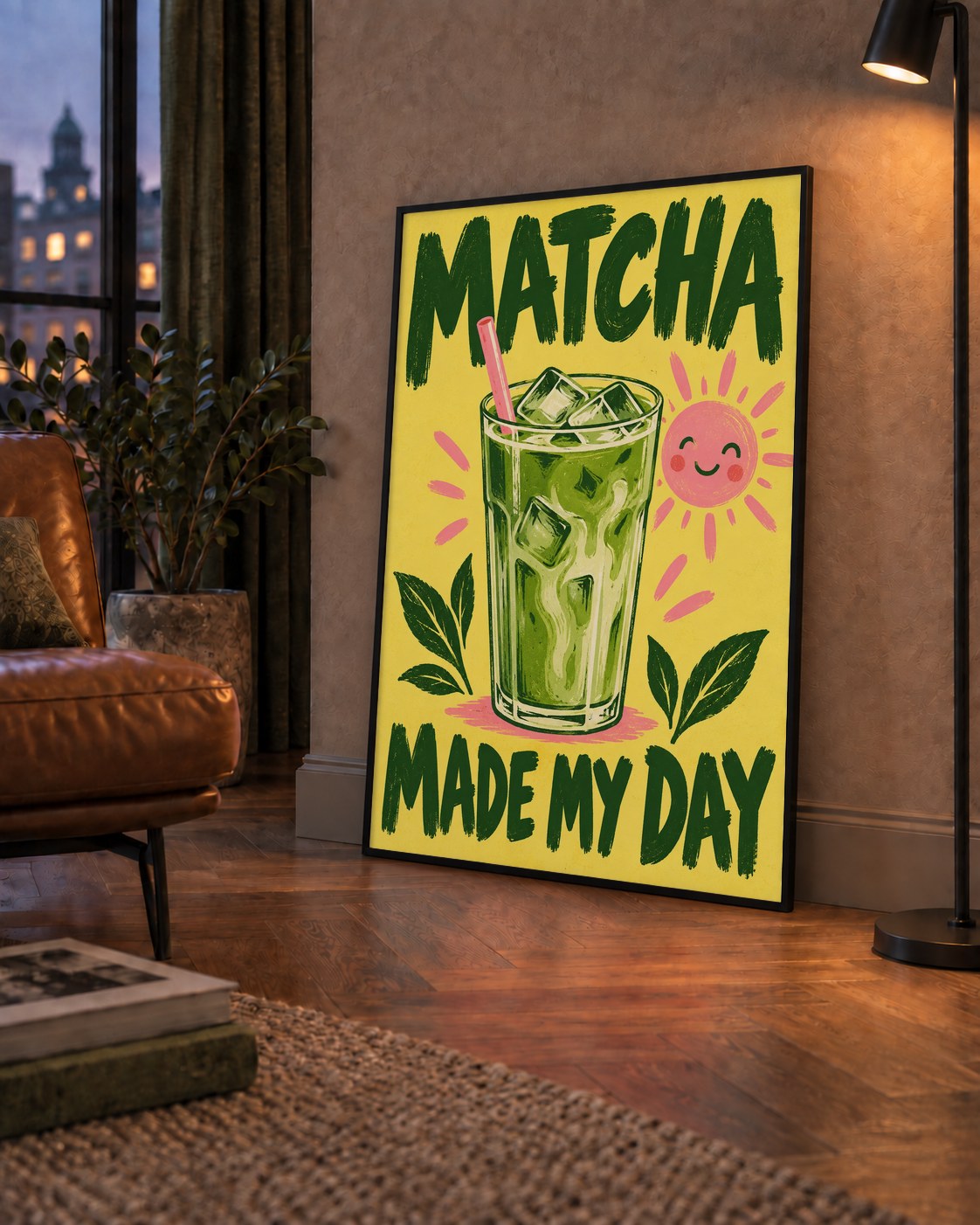 Buzlu Matcha İçeceği Poster – Enerjik ve Renkli Duvar Dekoru — çerçeveli hâliyle bir ev duvarında