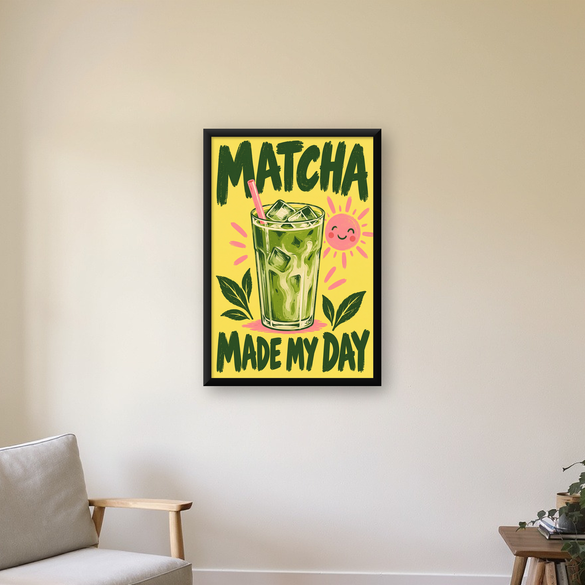 Buzlu Matcha İçeceği Poster – Enerjik ve Renkli Duvar Dekoru — çerçeveli hâliyle bir ev duvarında