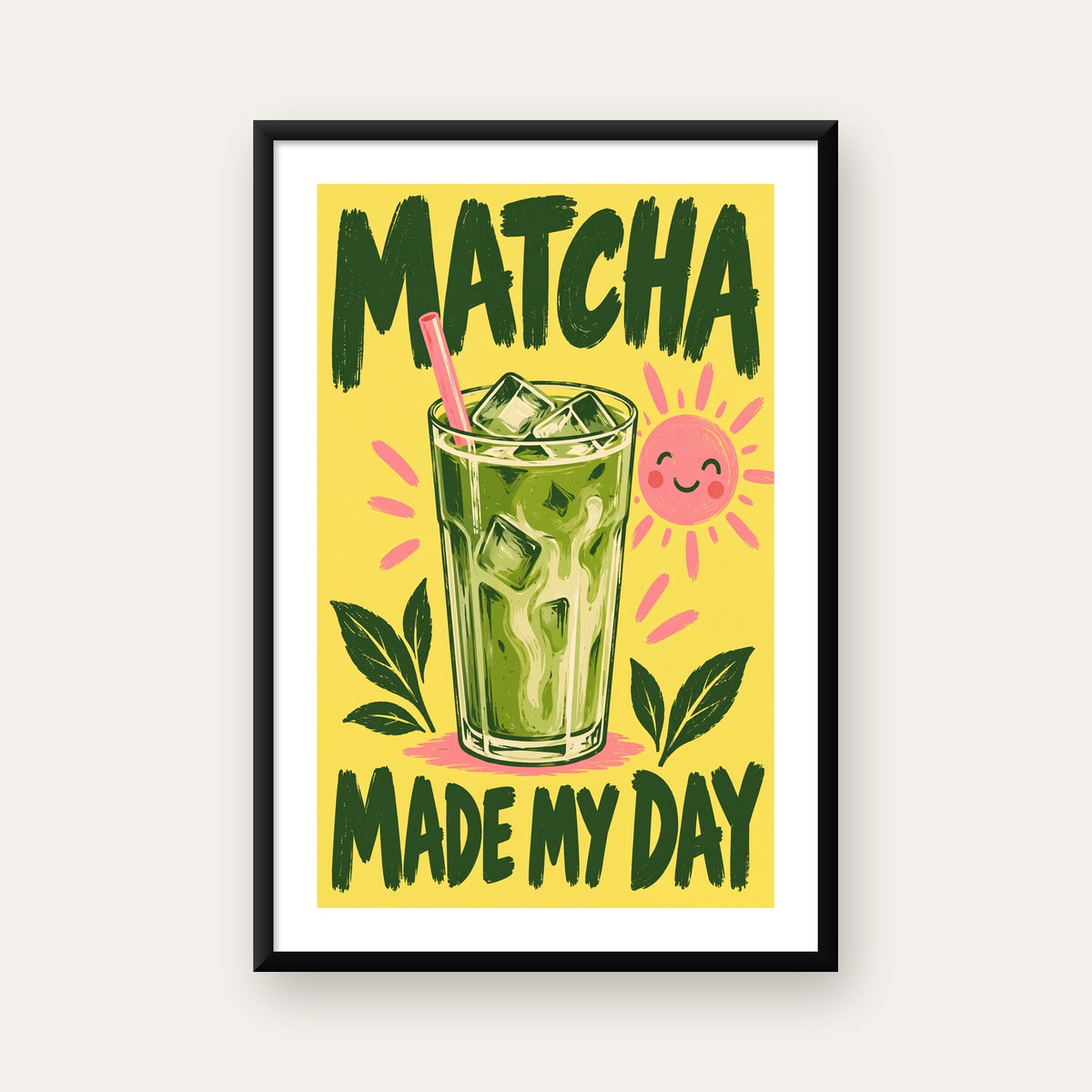 Buzlu Matcha İçeceği Poster – Enerjik ve Renkli Duvar Dekoru — beyaz paspartulu, düz siyah çerçeveli