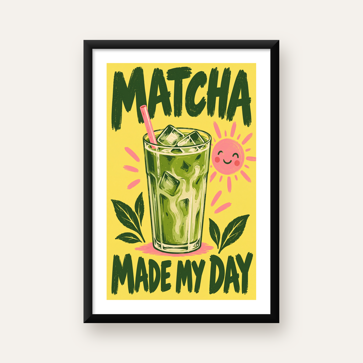 Buzlu Matcha İçeceği Poster – Enerjik ve Renkli Duvar Dekoru — beyaz paspartulu, düz siyah çerçeveli
