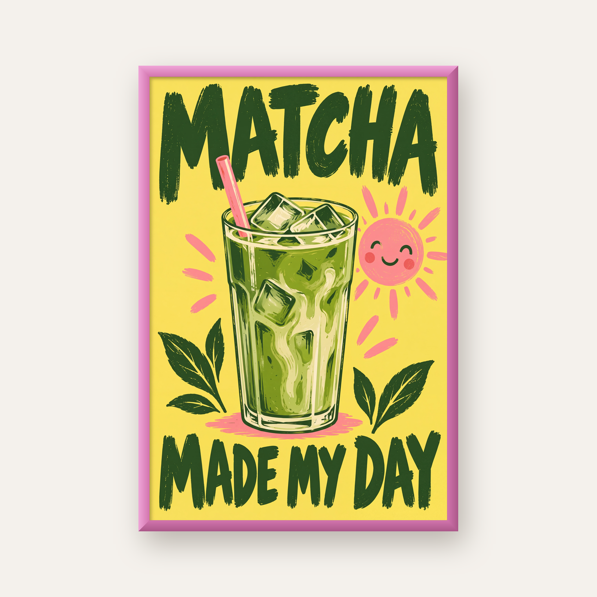 Buzlu Matcha İçeceği Poster – Enerjik ve Renkli Duvar Dekoru — pembe çerçeveli