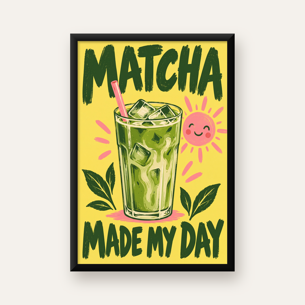 Buzlu Matcha İçeceği Poster – Enerjik ve Renkli Duvar Dekoru — düz siyah çerçeveli duvar posteri