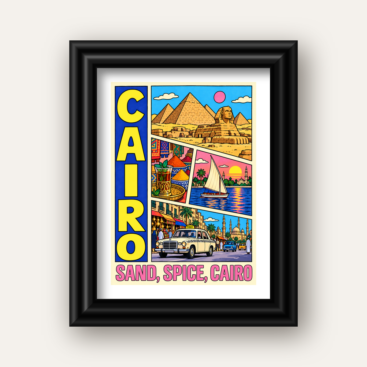 Kahire Şehir İllüstrasyonu Poster – Renkli Dijital Sanat — siyah galeri çerçeveli paspartulu