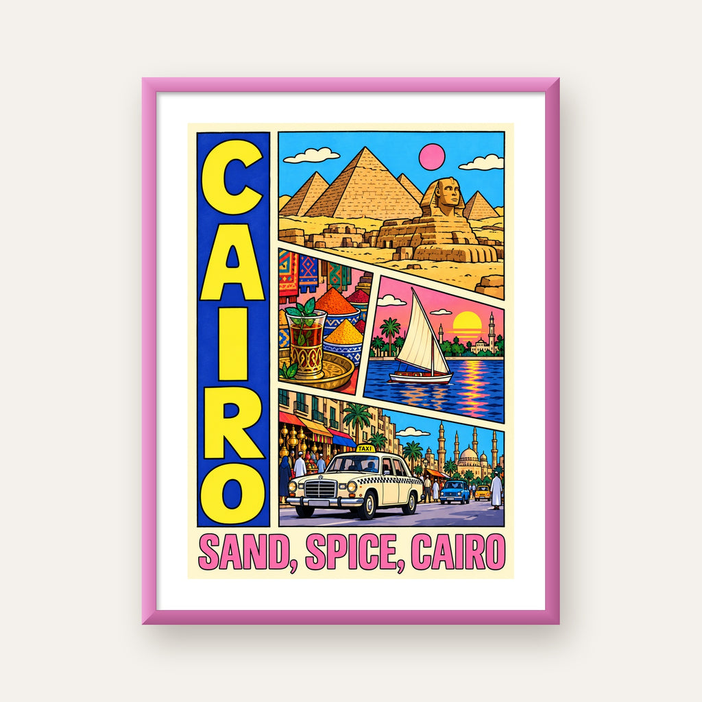Kahire Şehir İllüstrasyonu Poster – Renkli Dijital Sanat — pembe çerçeveli paspartulu