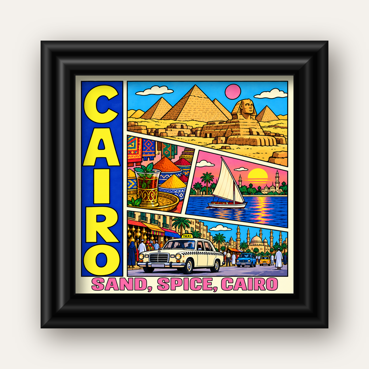 Kahire Şehir İllüstrasyonu Poster – Renkli Dijital Sanat — siyah galeri çerçeveli