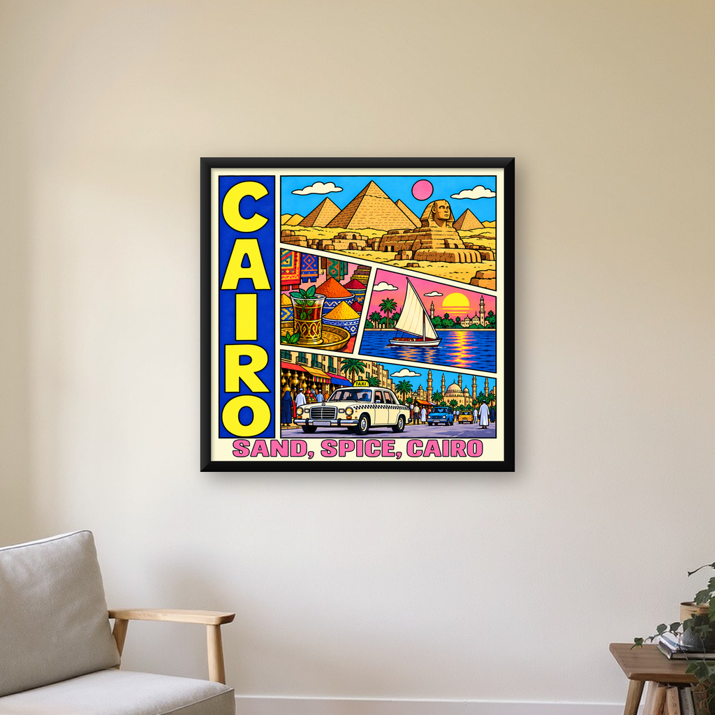 Kahire Şehir İllüstrasyonu Poster – Renkli Dijital Sanat — Kare baskı, çerçeveli hâliyle bir ev duvarında