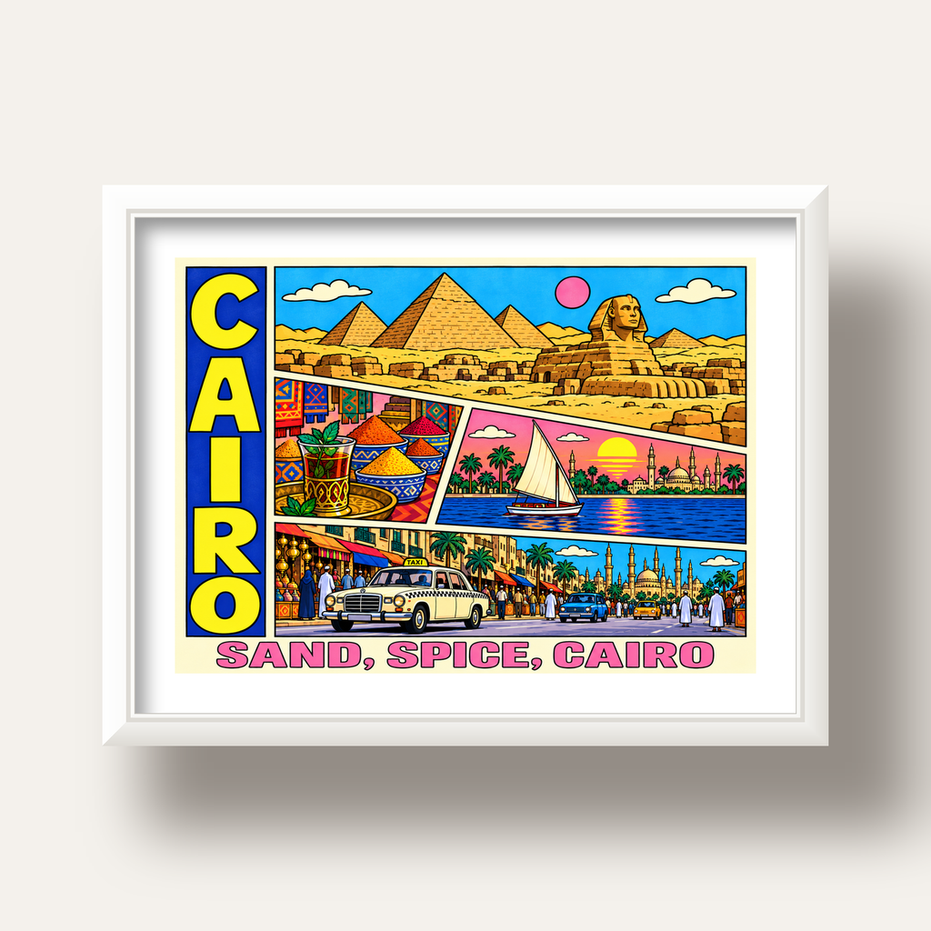 Kahire Şehir İllüstrasyonu Poster – Renkli Dijital Sanat — beyaz derin çerçeveli paspartulu