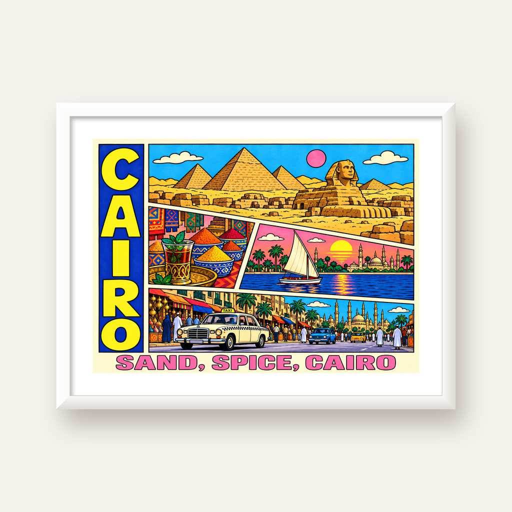 Kahire Şehir İllüstrasyonu Poster – Renkli Dijital Sanat — beyaz çerçeveli yatay poster