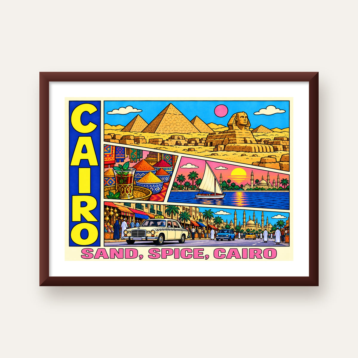Kahire Şehir İllüstrasyonu Poster – Renkli Dijital Sanat — ceviz çerçeveli paspartulu