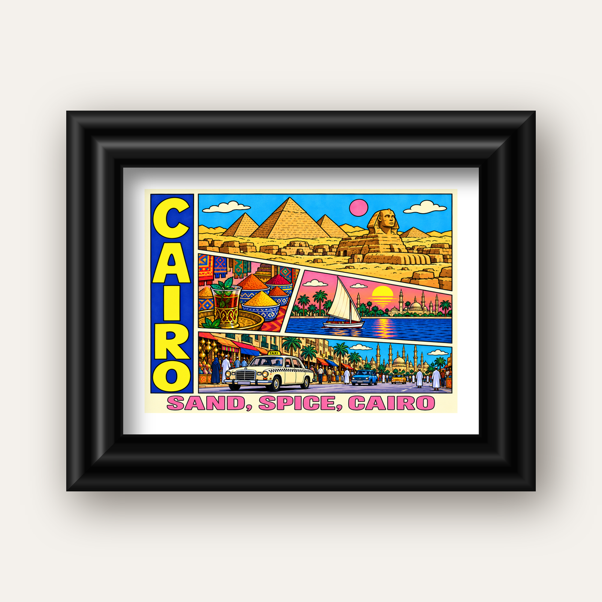 Kahire Şehir İllüstrasyonu Poster – Renkli Dijital Sanat — siyah galeri çerçeveli paspartulu