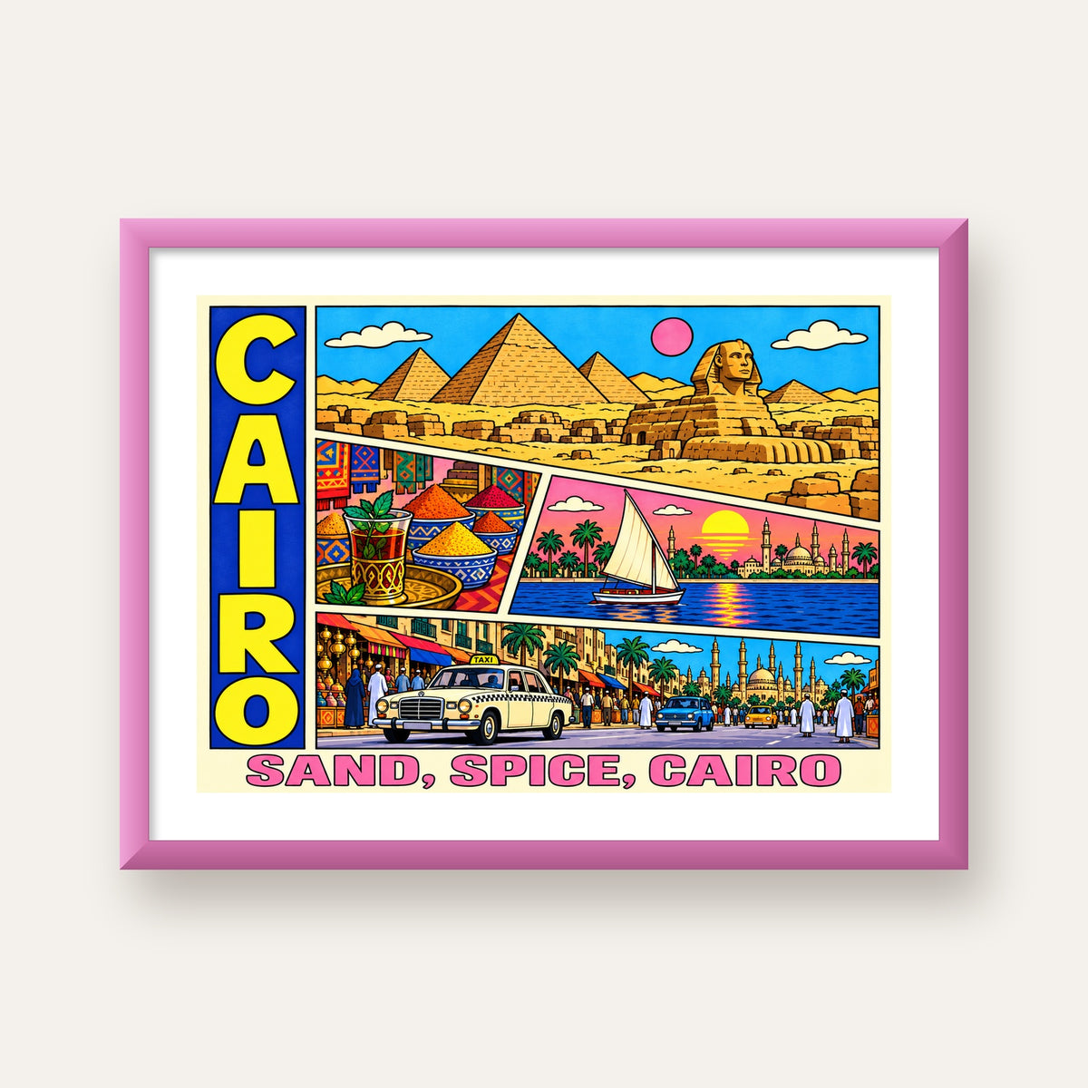 Kahire Şehir İllüstrasyonu Poster – Renkli Dijital Sanat — pembe çerçeveli paspartulu