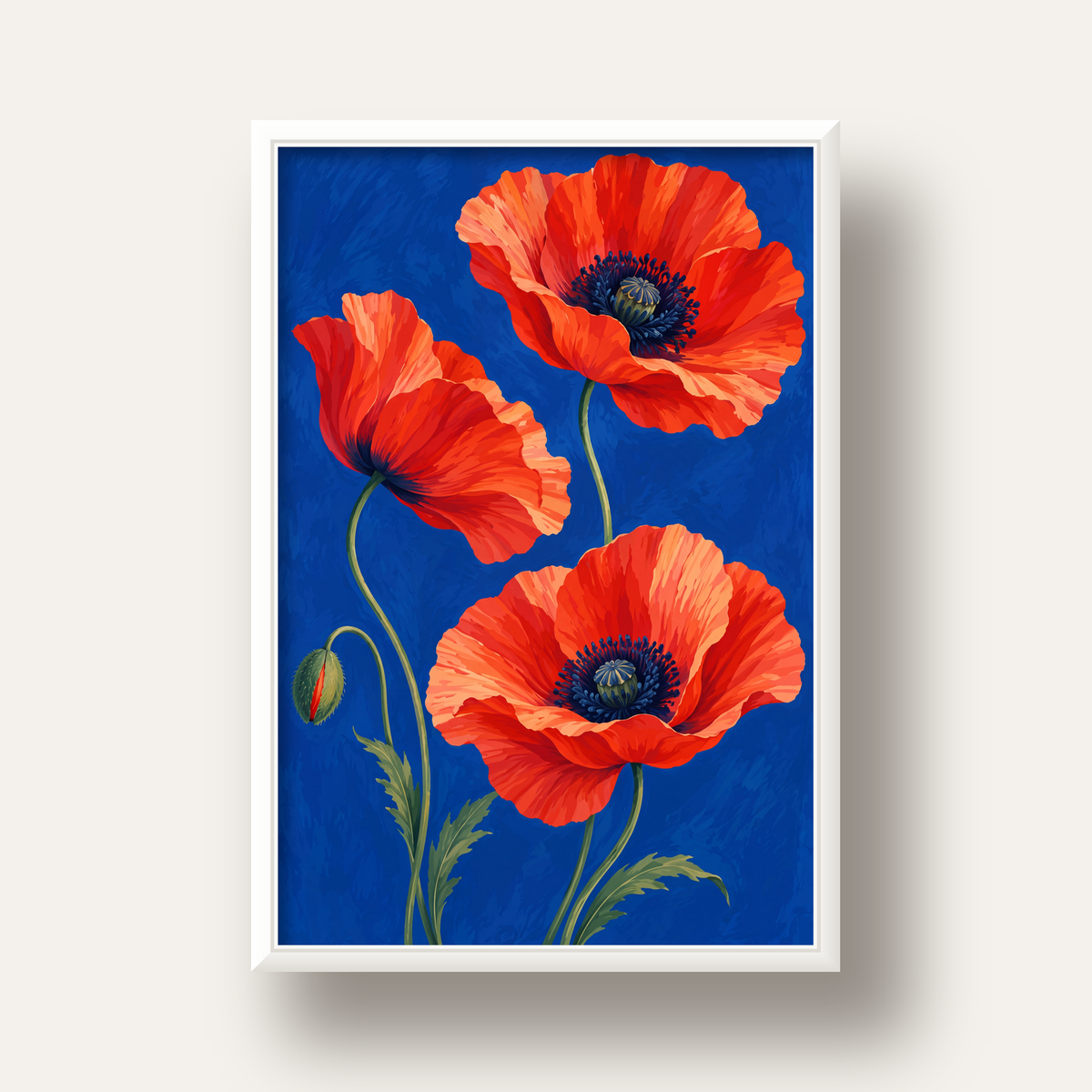 Canlı Kırmızı Gelincik Çiçekleri Yağlı Boya Poster — beyaz derin çerçeveli