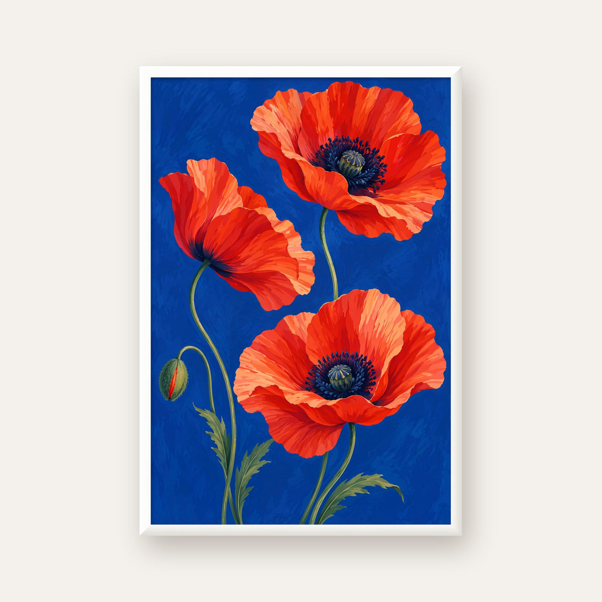 Canlı Kırmızı Gelincik Çiçekleri Yağlı Boya Poster — beyaz çerçeveli dikey poster