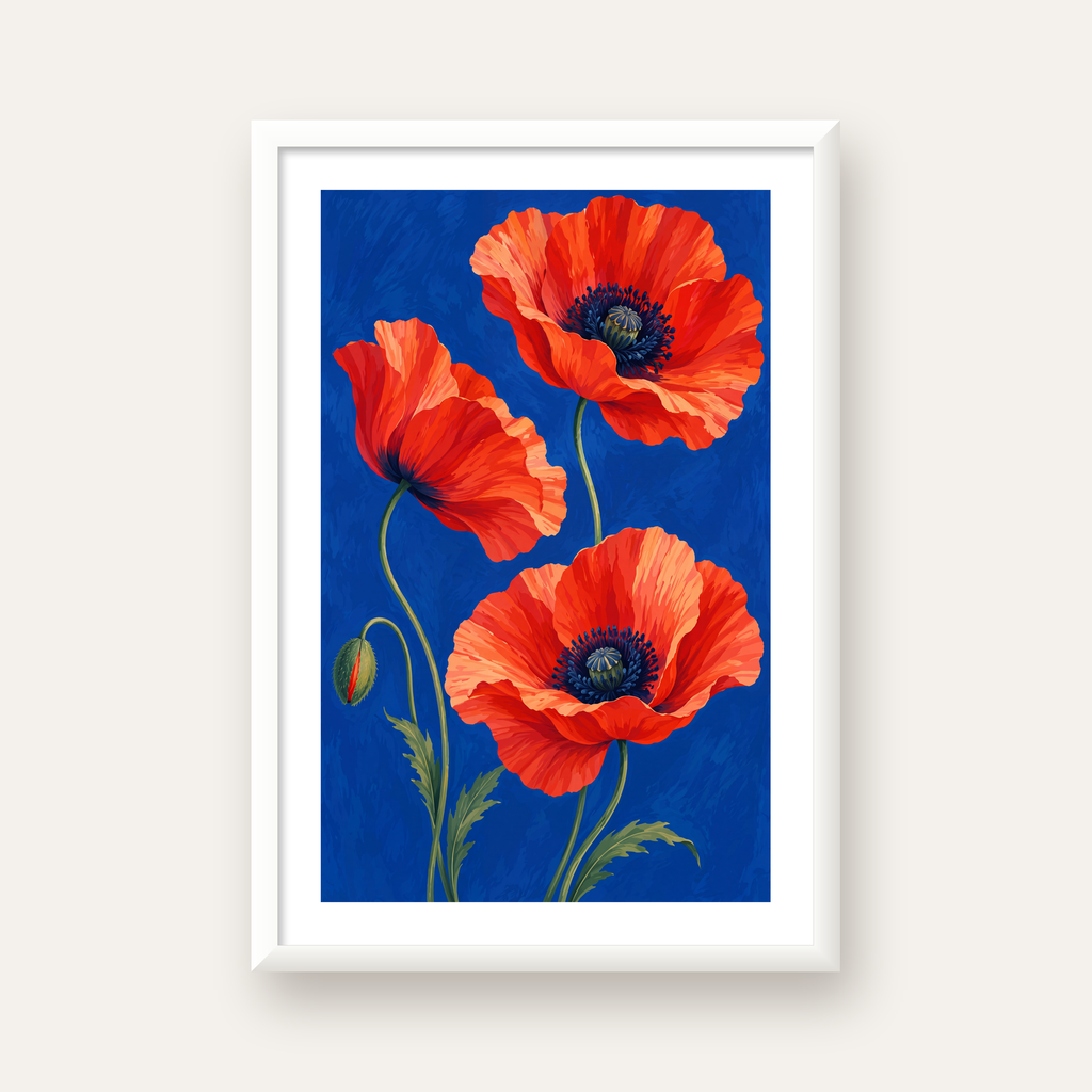 Canlı Kırmızı Gelincik Çiçekleri Yağlı Boya Poster — beyaz çerçeveli dikey poster