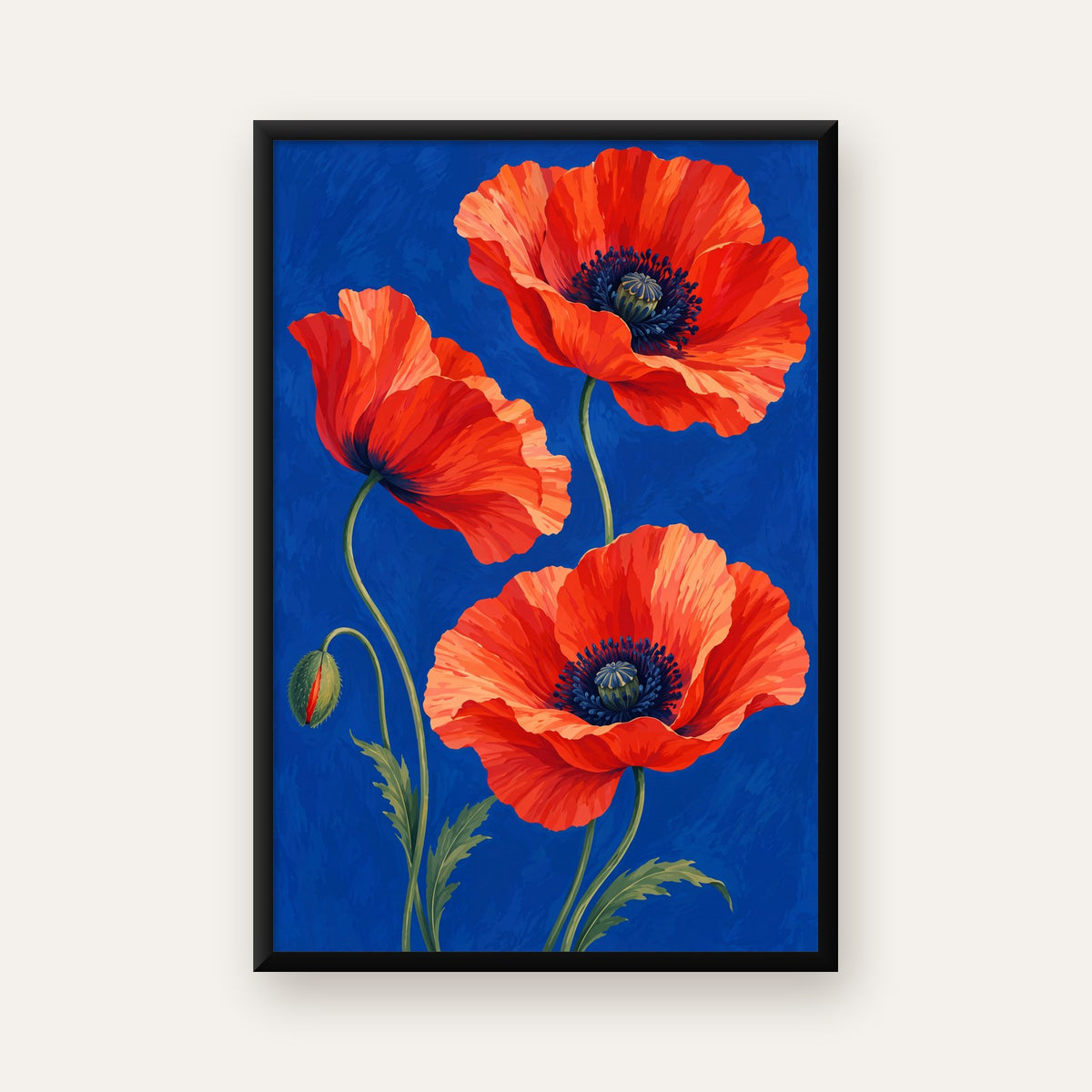 Canlı Kırmızı Gelincik Çiçekleri Yağlı Boya Poster — ceviz çerçeveli