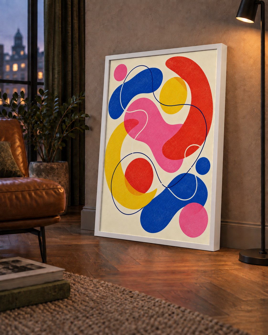 Soyut Renkli Organik Şekiller Modern Poster – Çerçeveli — çerçeveli hâliyle bir ev duvarında