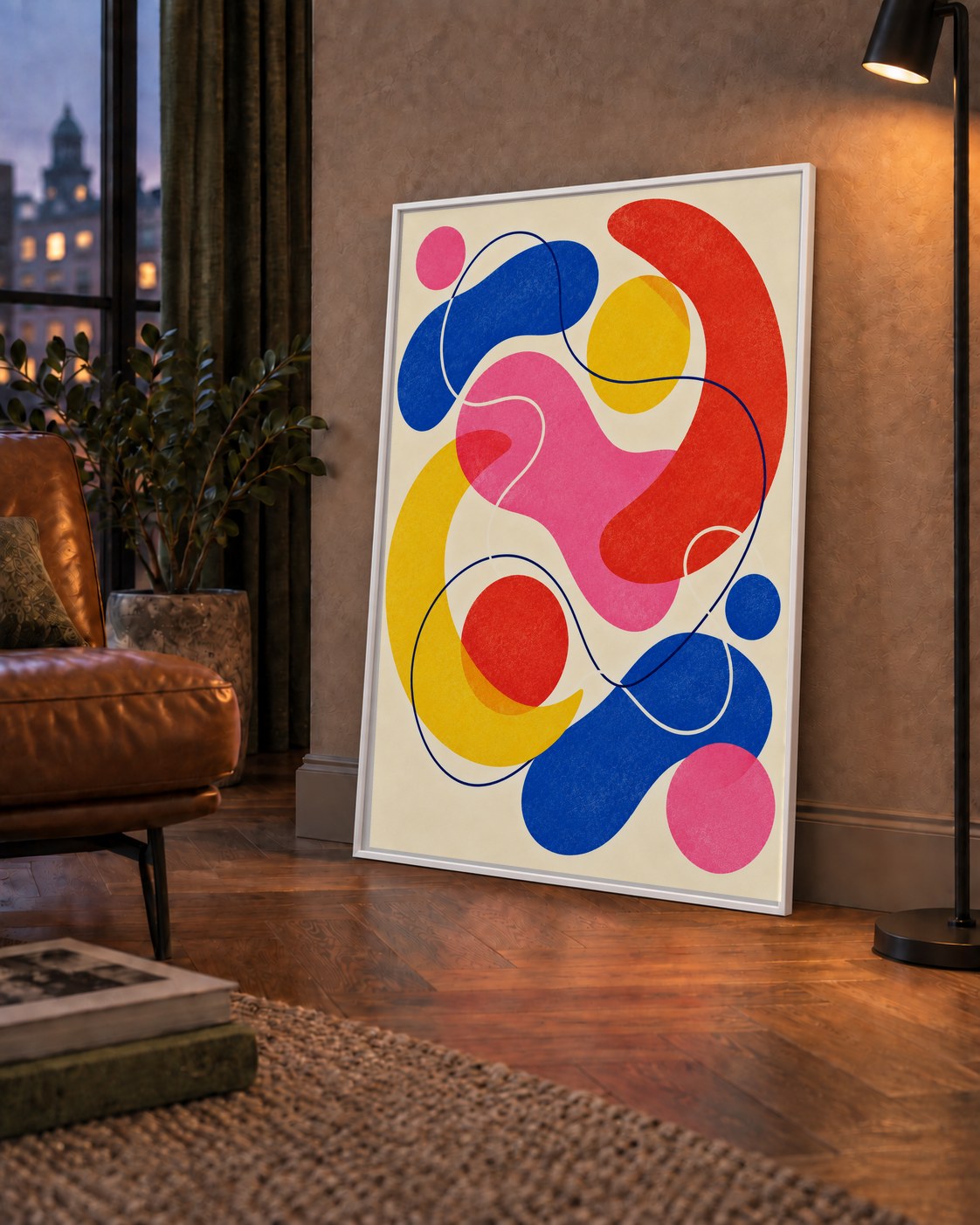 Soyut Renkli Organik Şekiller Modern Poster – Çerçeveli — çerçeveli hâliyle bir ev duvarında