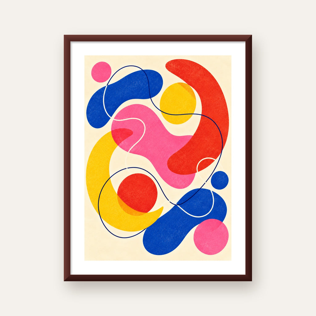 Soyut Renkli Organik Şekiller Modern Poster – Çerçeveli — ceviz çerçeveli paspartulu
