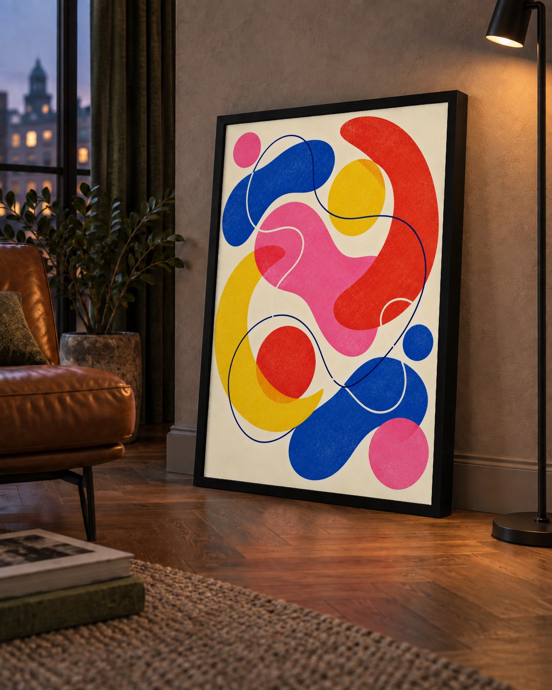 Soyut Renkli Organik Şekiller Modern Poster – Çerçeveli — çerçeveli hâliyle bir ev duvarında