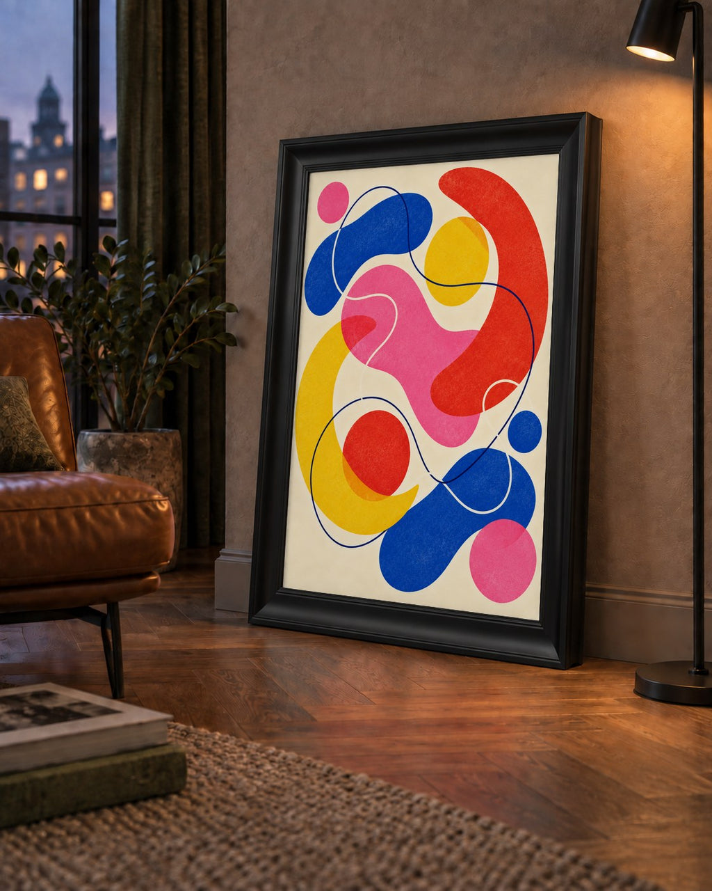 Soyut Renkli Organik Şekiller Modern Poster – Çerçeveli — çerçeveli hâliyle bir ev duvarında