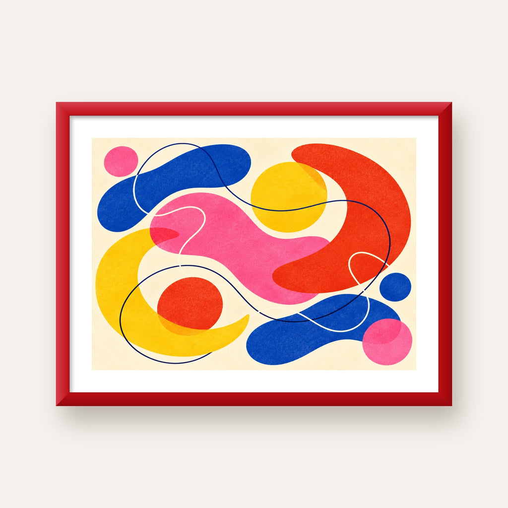 Soyut Renkli Organik Şekiller Modern Poster – Çerçeveli — kırmızı çerçeveli paspartulu