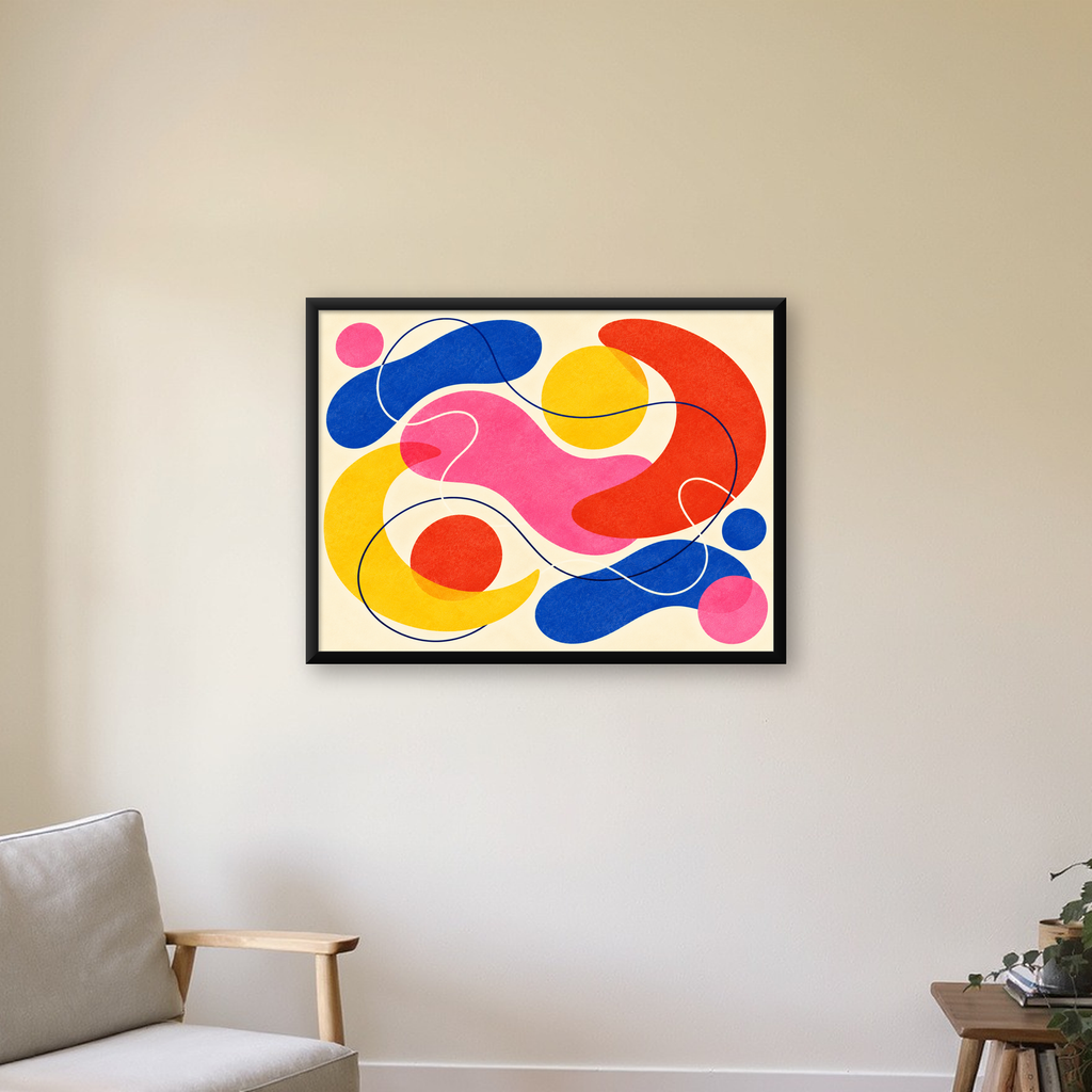Soyut Renkli Organik Şekiller Modern Poster – Çerçeveli — Yatay baskı, çerçeveli hâliyle bir ev duvarında