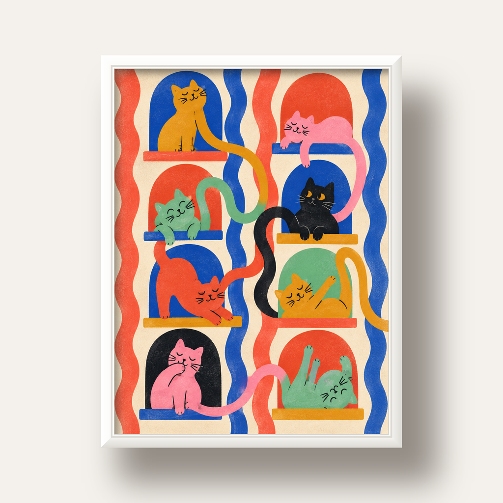 Renkli Kedi İllüstrasyonu Poster – Sevimli Modern Duvar Dekoru — beyaz derin çerçeveli