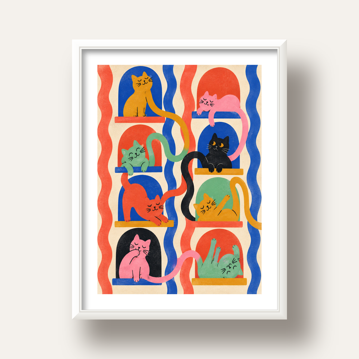 Renkli Kedi İllüstrasyonu Poster – Sevimli Modern Duvar Dekoru — beyaz derin çerçeveli paspartulu