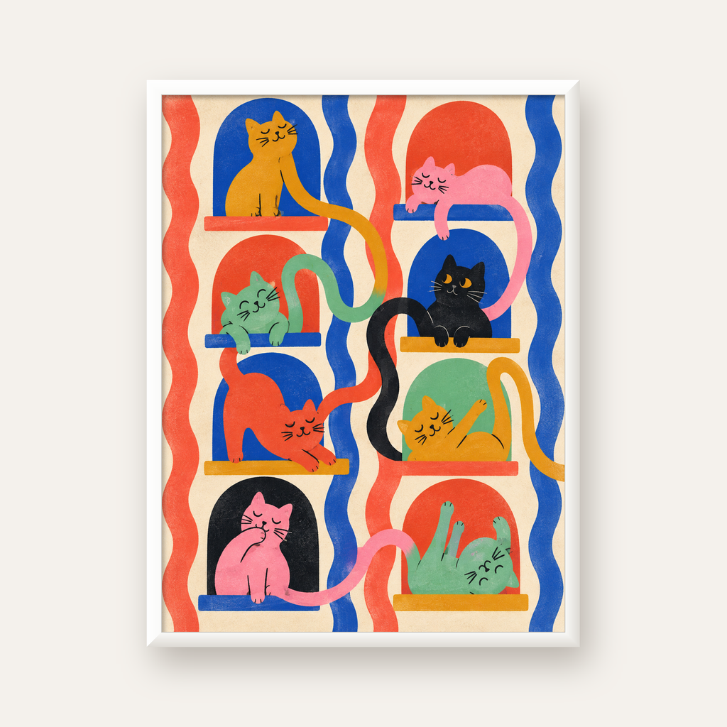 Renkli Kedi İllüstrasyonu Poster – Sevimli Modern Duvar Dekoru — beyaz çerçeveli dikey poster