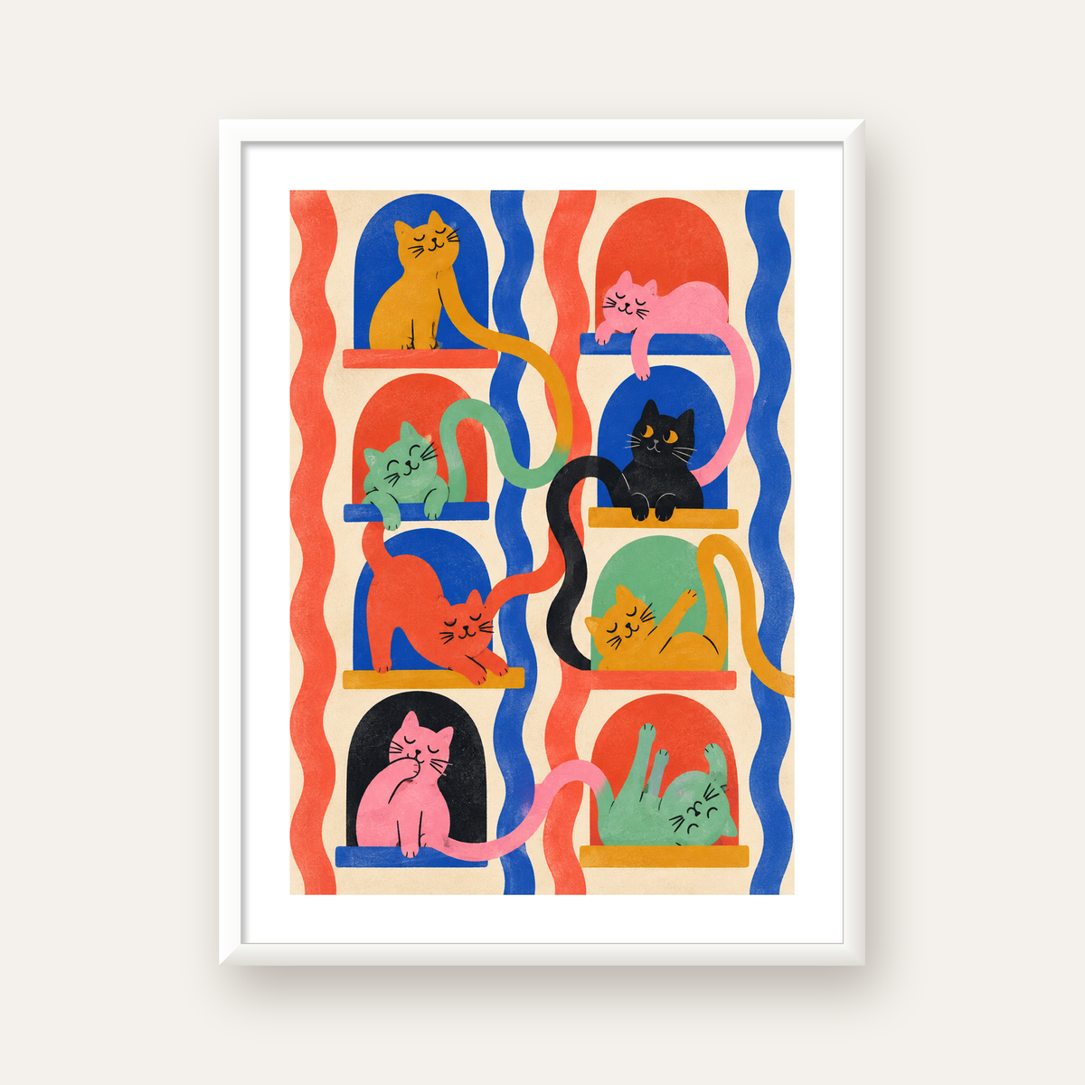 Renkli Kedi İllüstrasyonu Poster – Sevimli Modern Duvar Dekoru — beyaz çerçeveli dikey poster