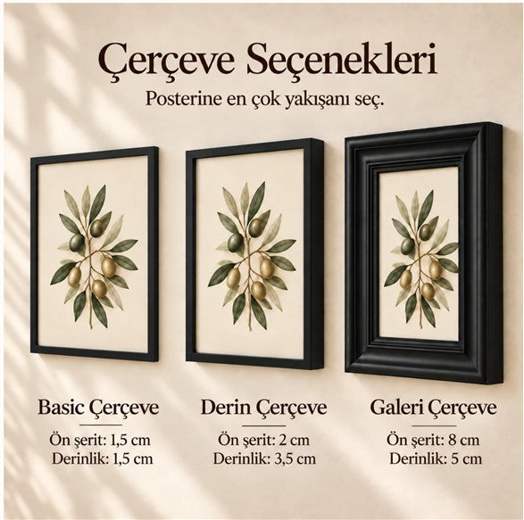Çerçeve seçenekleri: Basic (ön şerit 2 cm, derinlik 1,5 cm), Derin (ön şerit 2 cm, derinlik 3,5 cm), Galeri (ön şerit 8 cm, derinlik 5 cm)