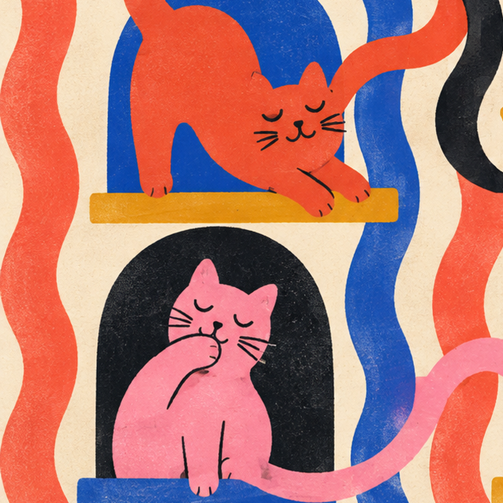 Renkli Kedi İllüstrasyonu Poster – Sevimli Modern Duvar Dekoru — baskının yakın çekimi, kâğıt dokusu ve renk detayı