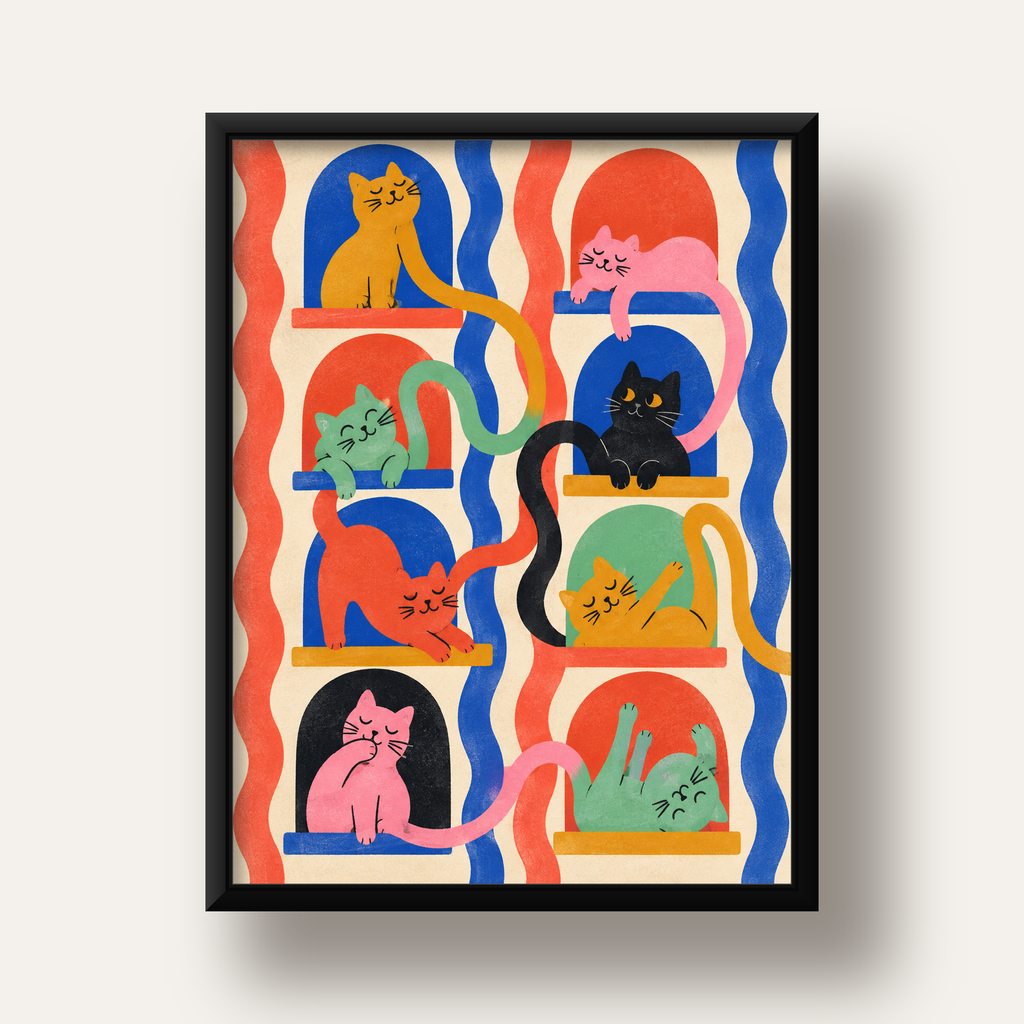 Renkli Kedi İllüstrasyonu Poster – Sevimli Modern Duvar Dekoru — siyah derin çerçeveli